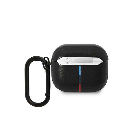 Airpods 3.Nesil Kılıf BMW Orjinal Lisanslı PU Deri Tasarımlı 3 Renk Çizgili Çift Metal Logolu Kılıf Siyah