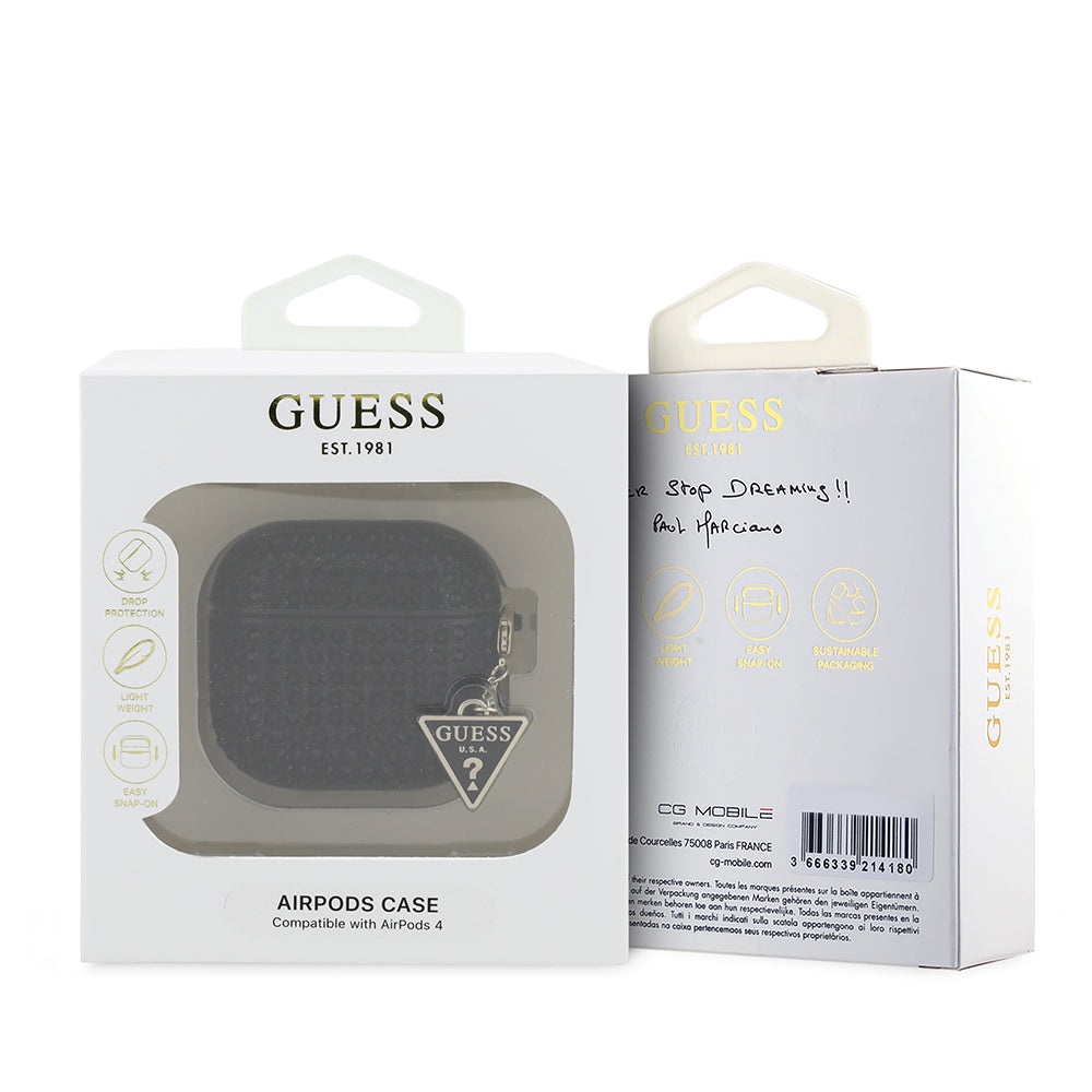 Apple Airpods 4 Kılıf Guess Orjinal Lisanslı Parıltılı Taş Kaplamalı Üçgen Logo Süs Zincirli Kapak Pembe