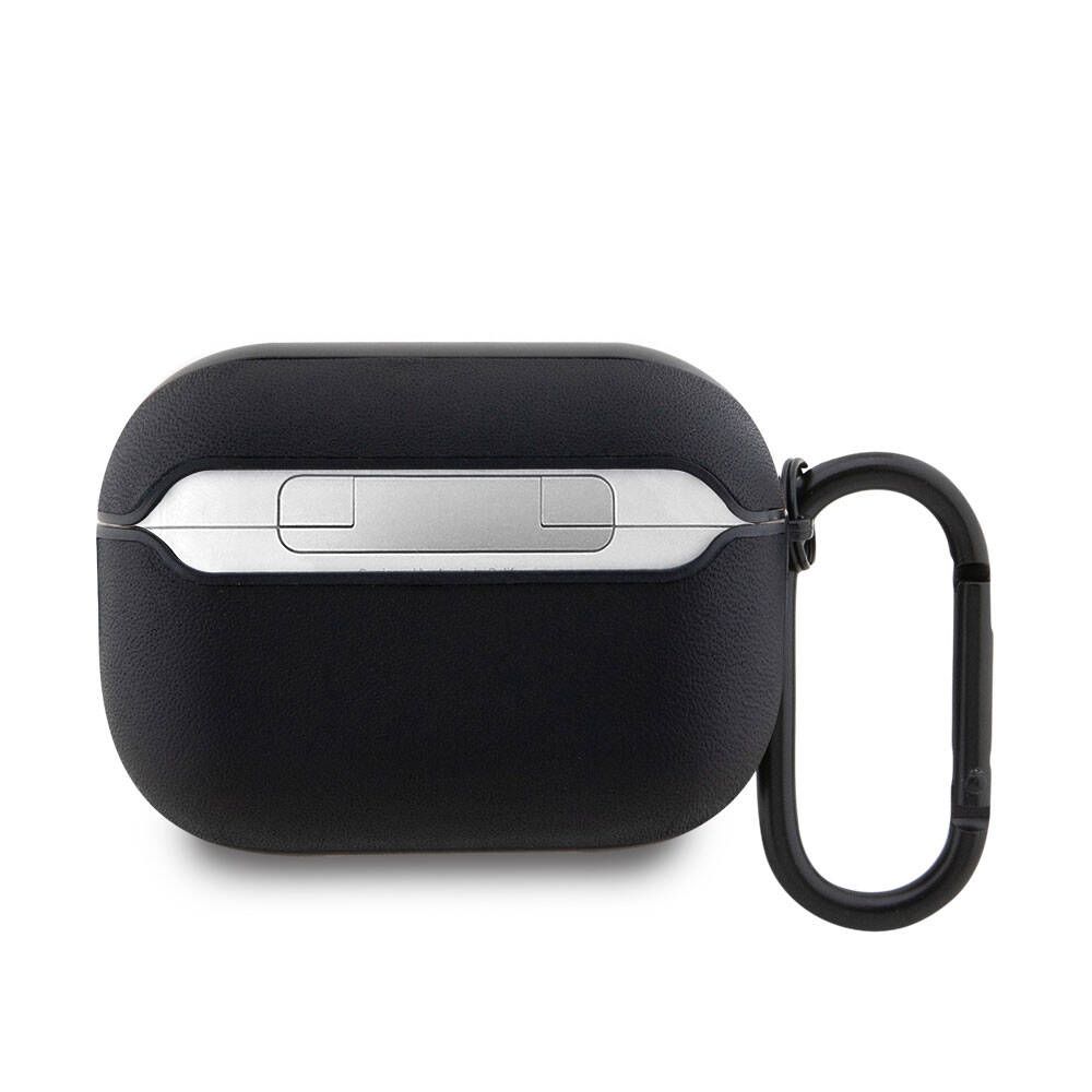 Airpods Pro 2 Kılıf BMW Orjinal Lisanslı PU Deri Mavi Beyaz Çizgili Metal Logolu Kılıf Siyah