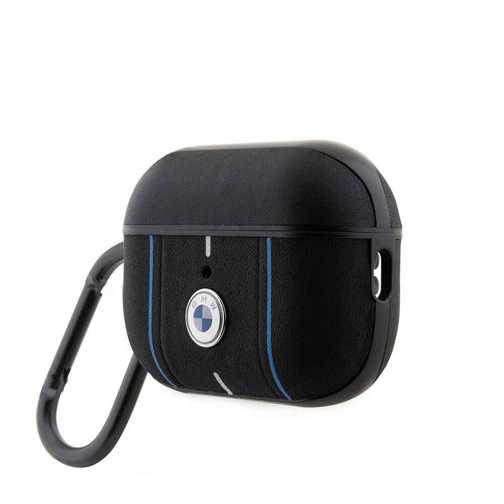 Airpods Pro 2 Kılıf BMW Orjinal Lisanslı PU Deri Mavi Beyaz Çizgili Metal Logolu Kılıf Siyah