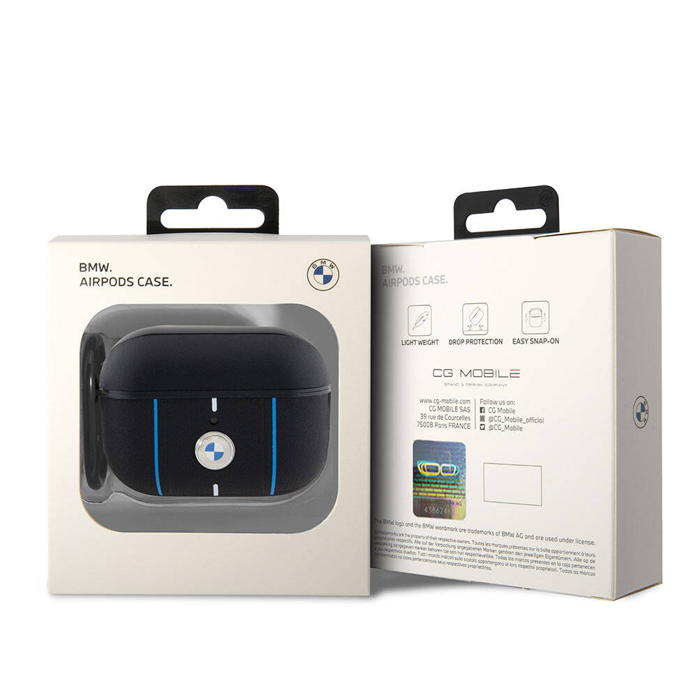 Airpods Pro 2 Kılıf BMW Orjinal Lisanslı PU Deri Mavi Beyaz Çizgili Metal Logolu Kılıf Siyah
