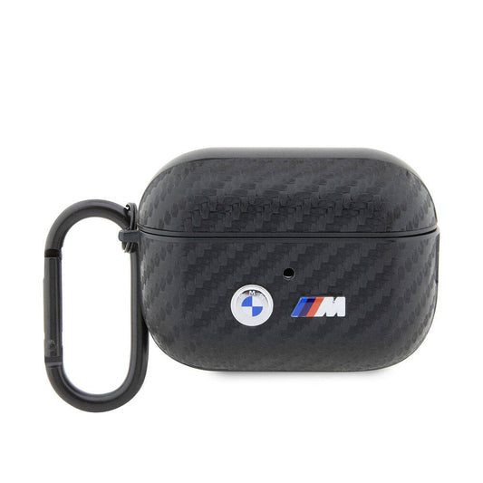 Airpods Pro 2 Kılıf BMW Orjinal Lisanslı PU Karbon Fiber Tasarımlı Çift Metal Logolu Kılıf Siyah