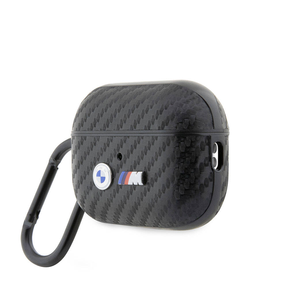 Airpods Pro 2 Kılıf BMW Orjinal Lisanslı PU Karbon Fiber Tasarımlı Çift Metal Logolu Kılıf Siyah