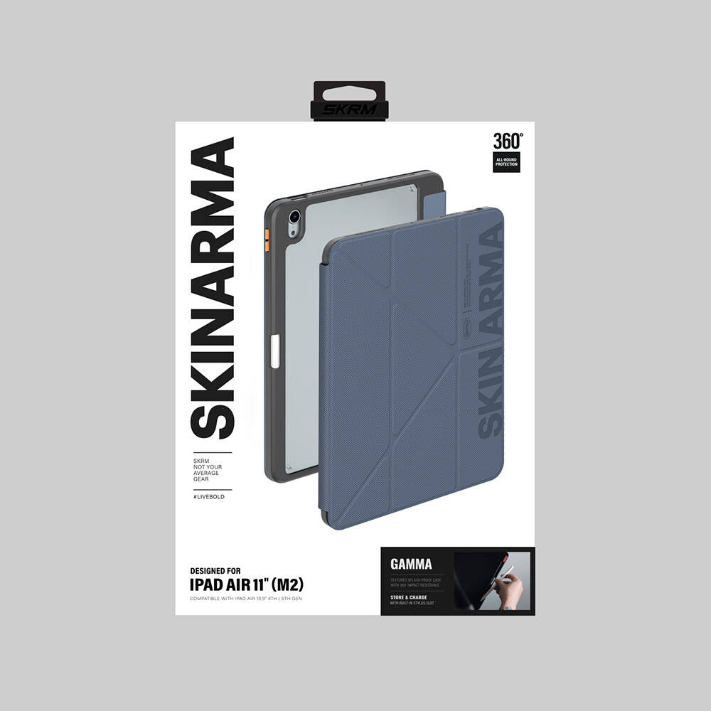 iPad Air 11 2024 Kılıf SkinArma Kabartma Baskı Tasarımlı 360 Tam Koruma Arkası Şeffaf Standlı Gamma Kılıf Siyah