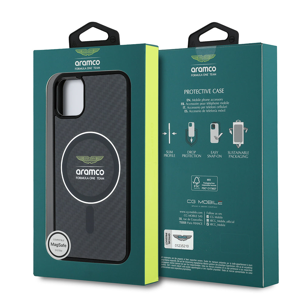 Apple iPhone 11 Kılıf Aston Martin Orjinal Lisanslı M-safe Şarj Özellikli Renkli Halka ve Karbon Fiber Tasarımlı Kapak Siyah-Gümüş