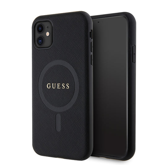 Apple iPhone 11 Kılıf Guess Orjinal Lisanslı M-safe Şarj Özellikli Yazı Logolu Saffiano Classic Kapak