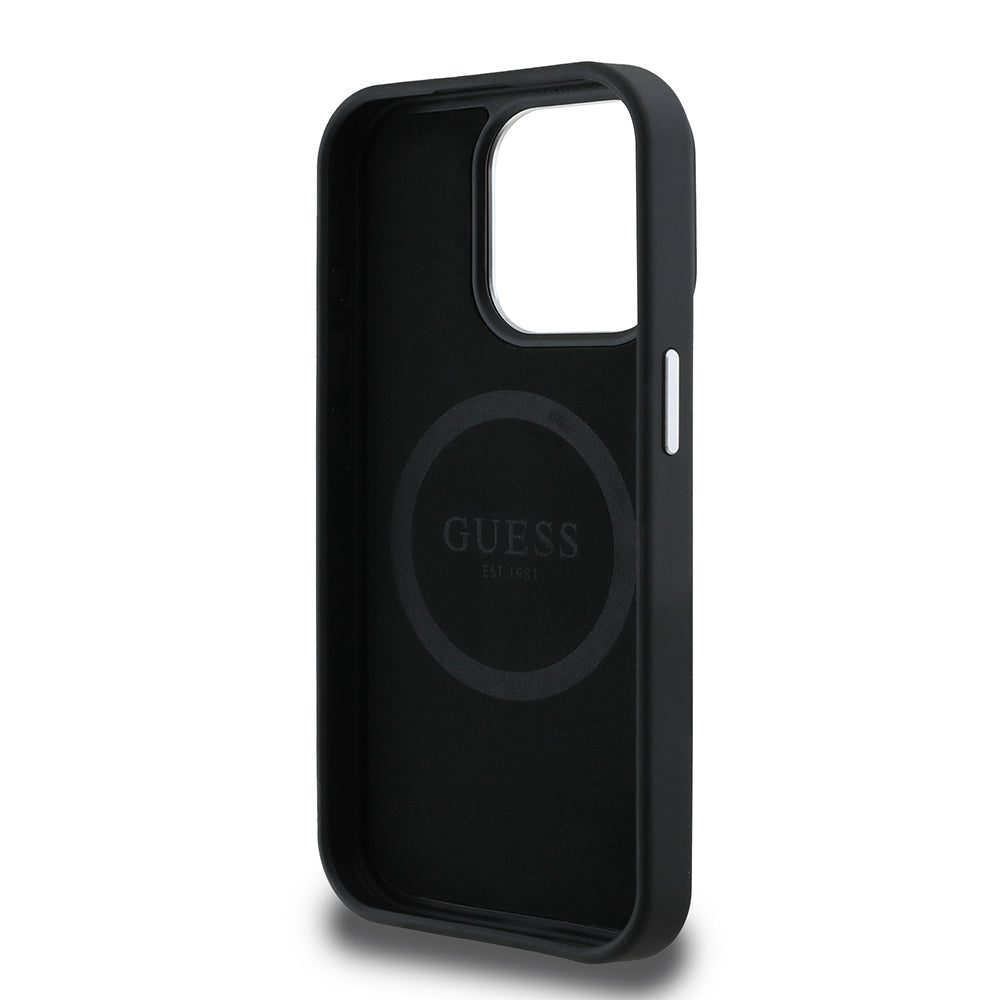 Apple iPhone 13 Pro Max Kılıf Guess Orjinal Lisanslı M-safe Şarj Özellikli Grained Triangle Kapak Siyah