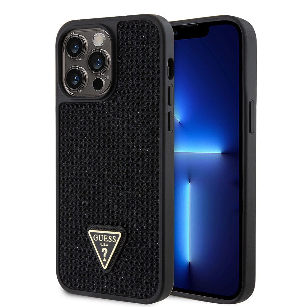 Apple iPhone 13 Pro Max Kılıf Guess Orjinal Lisanslı Taşlı Arka Yüzey Üçgen Logolu Kapak Siyah
