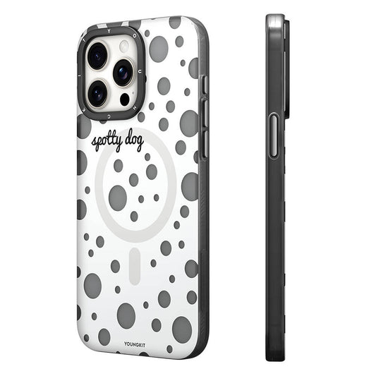 iPhone 13 Pro Max Kılıf Magsafe Şarj Özellikli Polka Dot Desenli Youngkit Spots Serisi Kılıf Beyaz
