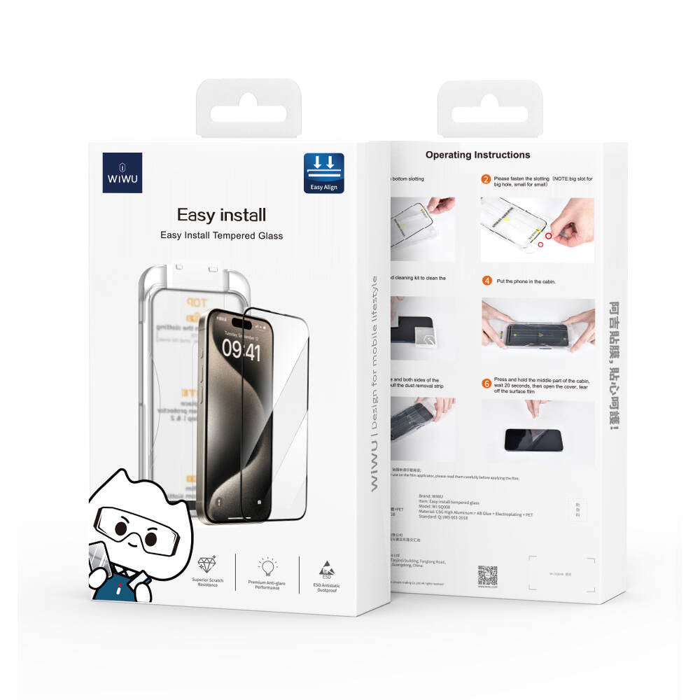 iPhone 13 Wiwu SQ-008 Oleofobik Easy Install Darbeye Karşı Dayanıklı Temperli Cam Ekran Koruyucu + Kolay Uygulama Aparatlı Siyah