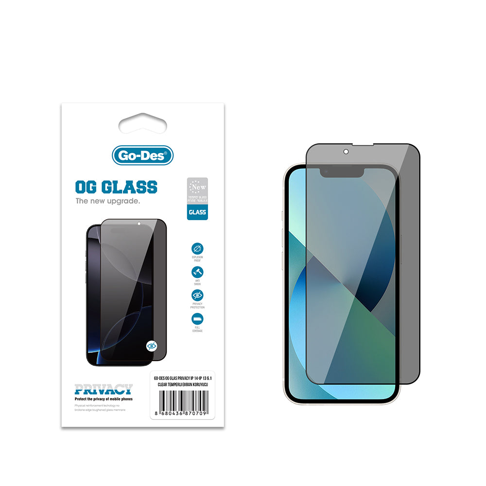 Apple iPhone 14 Go Des OG Glass Privacy Antistatik Temperli Cam Ekran Koruyucu