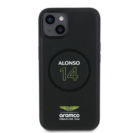 Apple iPhone 14 Kılıf Aston Martin Orjinal Lisanslı M-safe Şarj Özellikli PU Deri Alonso 14 Baskılı Kapak