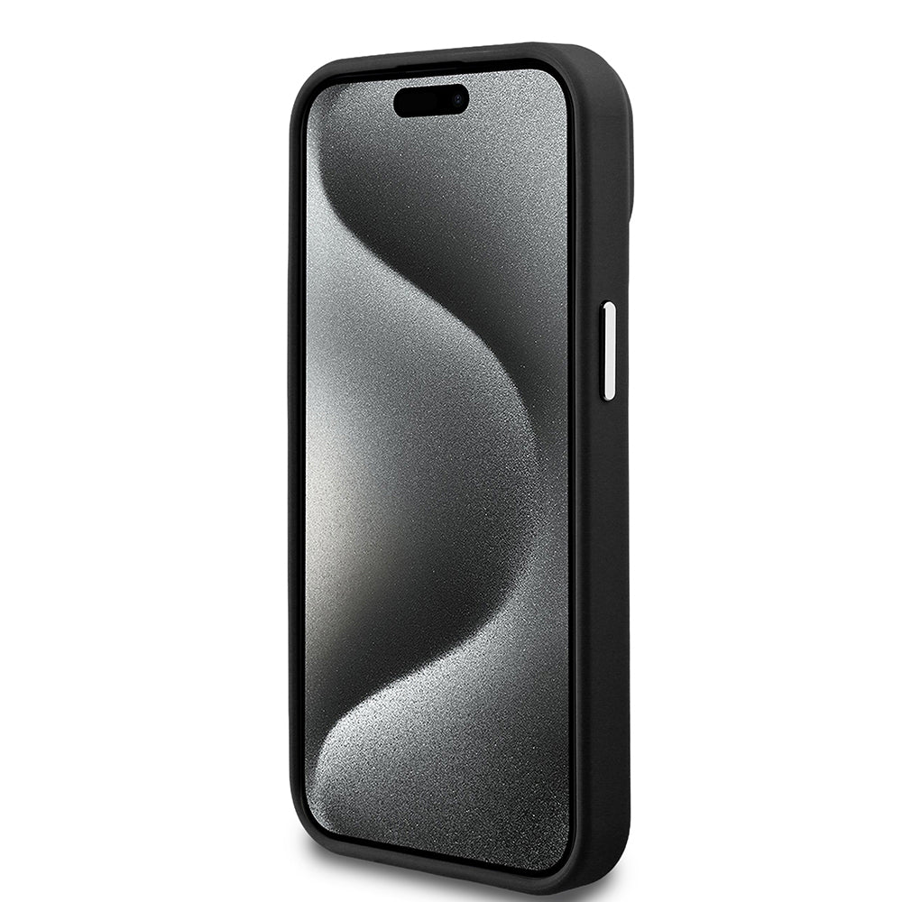 Apple iPhone 14 Kılıf Guess Orjinal Lisanslı M-safe Şarj Özellikli Grained Triangle Kapak Siyah