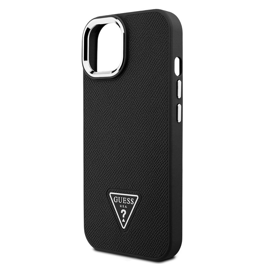 Apple iPhone 14 Kılıf Guess Orjinal Lisanslı M-safe Şarj Özellikli Grained Triangle Kapak Siyah