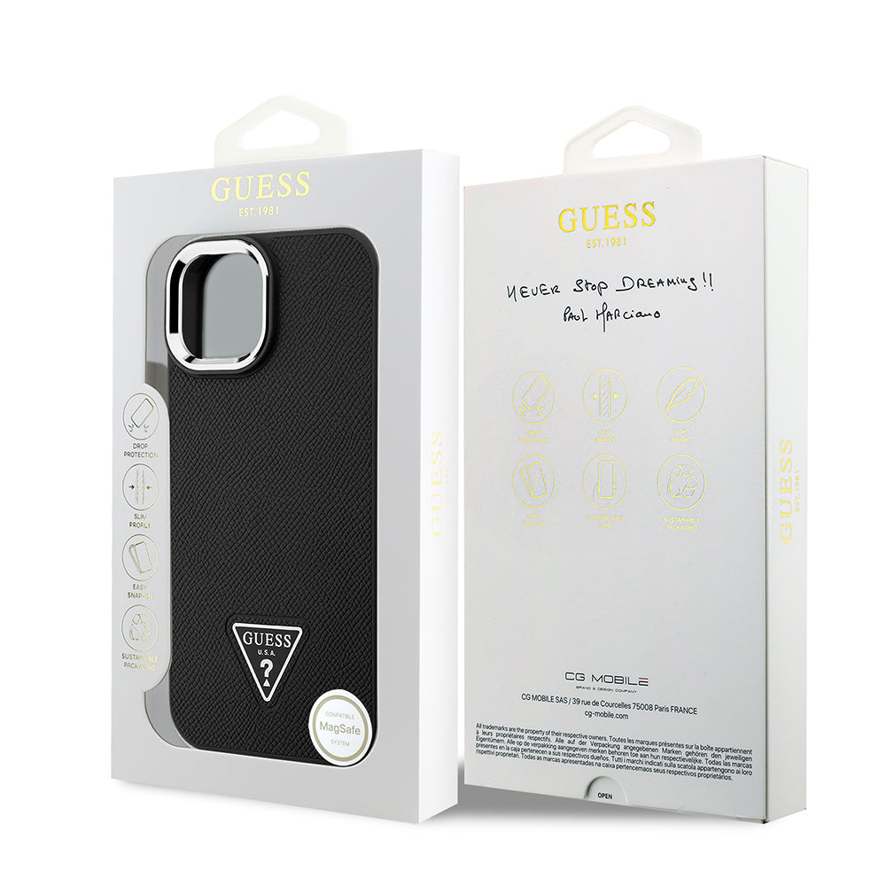 Apple iPhone 14 Kılıf Guess Orjinal Lisanslı M-safe Şarj Özellikli Grained Triangle Kapak Siyah