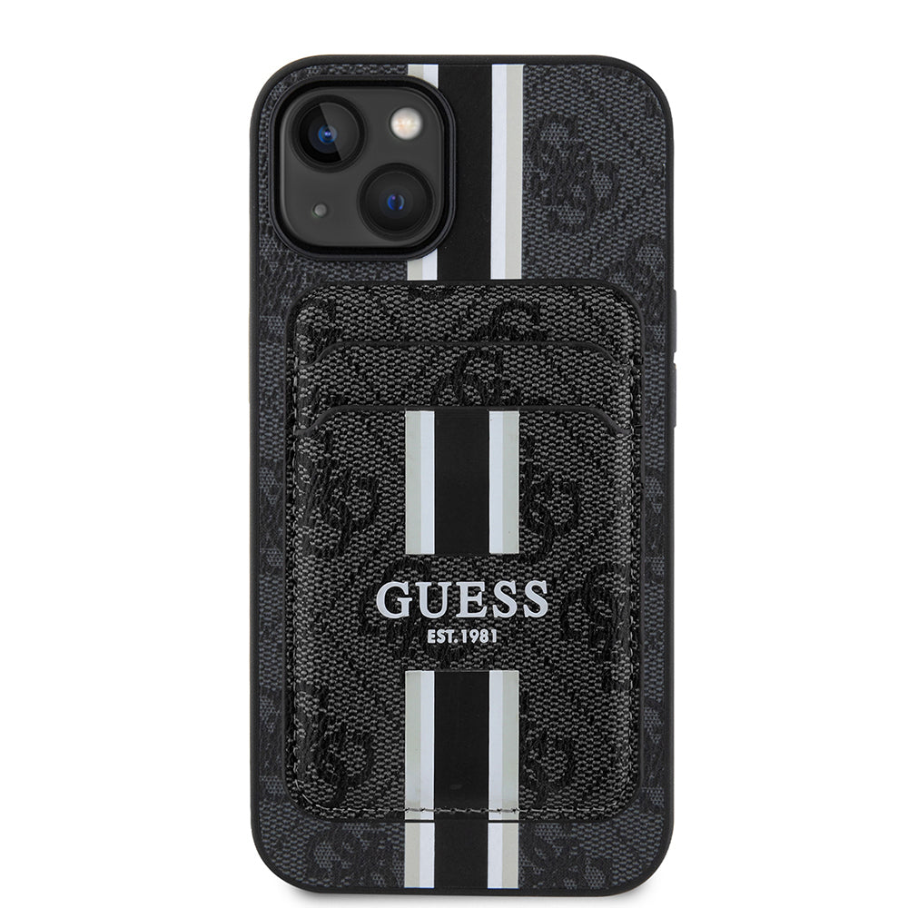 Apple iPhone 14 Kılıf Guess Orjinal Lisanslı M-safe Şarj Özellikli 4G Desenli Çizgili Kartlıklı Kapak Siyah