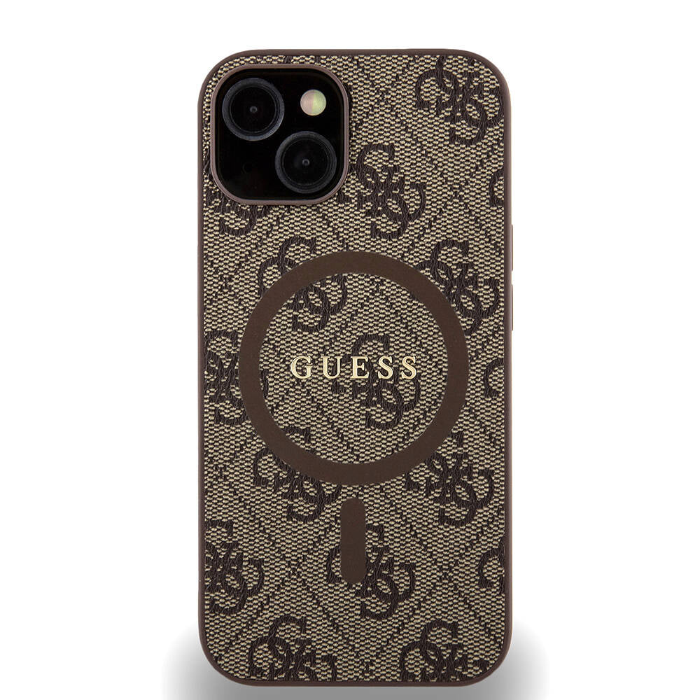 Apple iPhone 14 Kılıf Guess Orjinal Lisanslı M-safe Şarj Özellikli PU Halkalı 4G Desenli Yazı Logolu Kapak