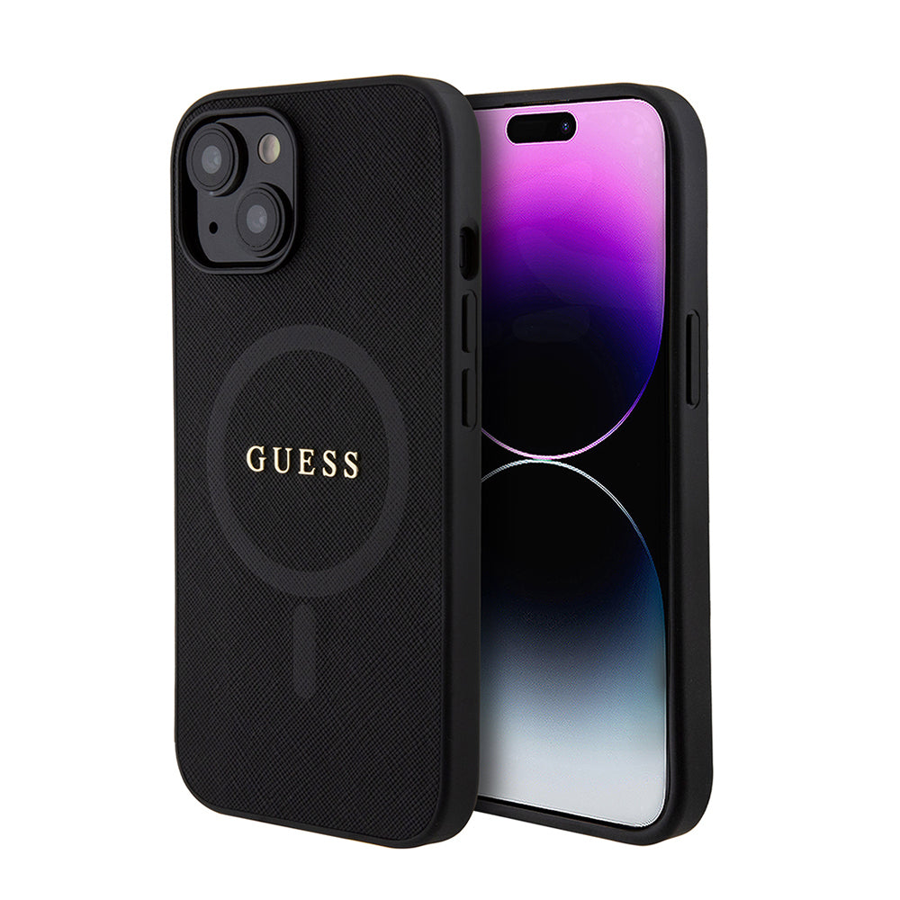 Apple iPhone 14 Kılıf Guess Orjinal Lisanslı M-safe Şarj Özellikli Yazı Logolu Saffiano Classic Kapak