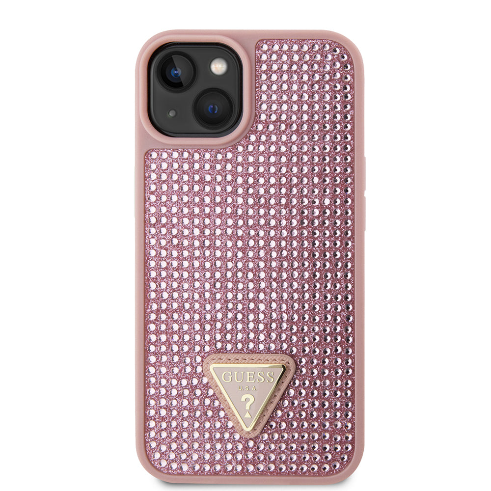 Apple iPhone 14 Kılıf Guess Orjinal Lisanslı Taşlı Arka Yüzey Üçgen Logolu Kapak Gold