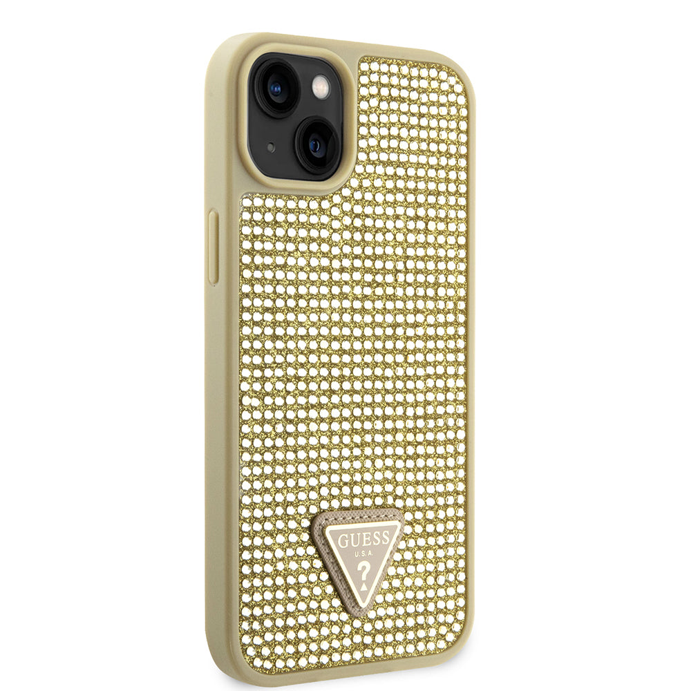 Apple iPhone 14 Kılıf Guess Orjinal Lisanslı Taşlı Arka Yüzey Üçgen Logolu Kapak Gold