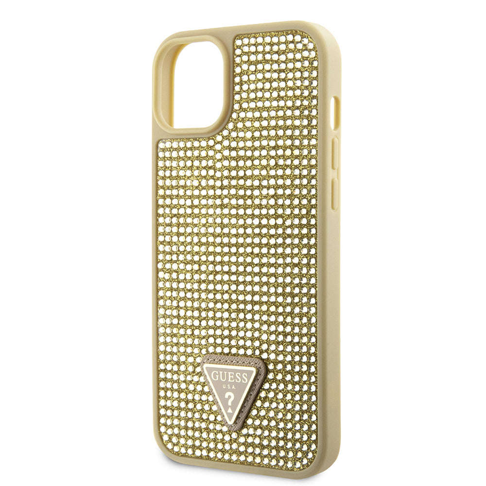 Apple iPhone 14 Kılıf Guess Orjinal Lisanslı Taşlı Arka Yüzey Üçgen Logolu Kapak Gold