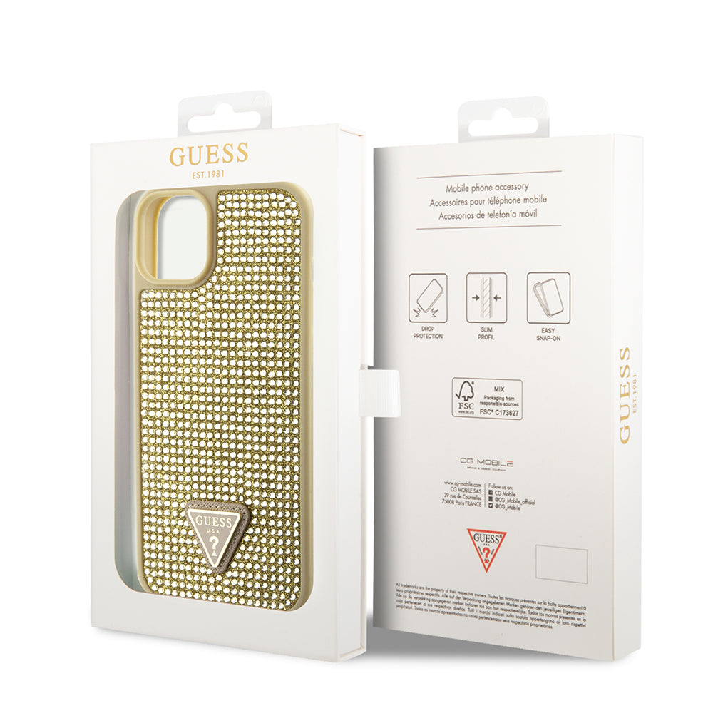 Apple iPhone 14 Kılıf Guess Orjinal Lisanslı Taşlı Arka Yüzey Üçgen Logolu Kapak Gold
