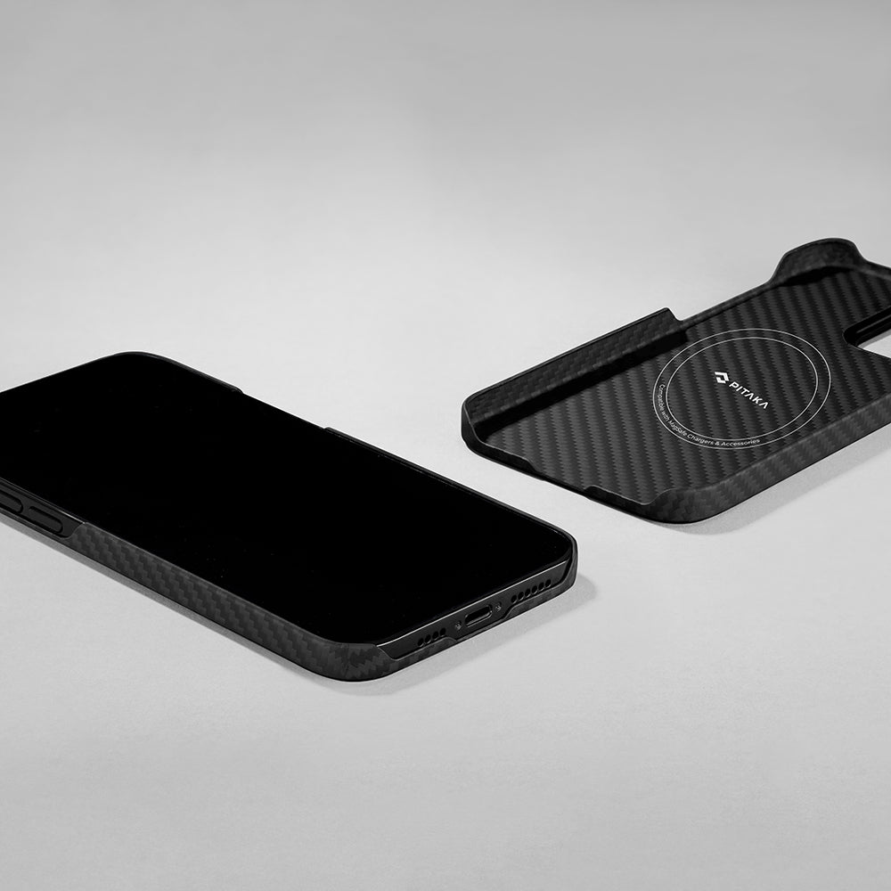 iPhone 14 Kılıf Magsafe Şarj Özellikli 1500D Aramid Fiber Pitaka Ultra-Slim Classic Serisi Black-Grey Twill Kılıf Siyah-Gri
