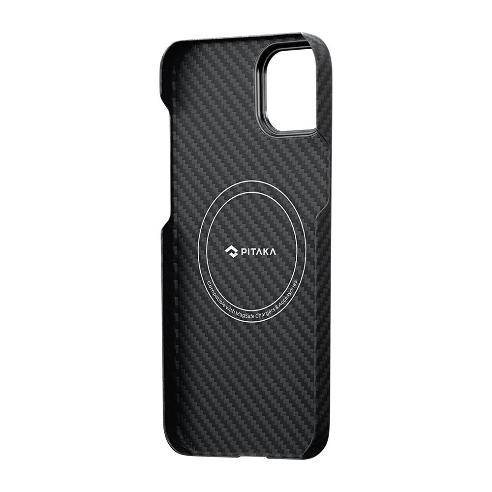 iPhone 14 Kılıf Magsafe Şarj Özellikli 1500D Aramid Fiber Pitaka Ultra-Slim Classic Serisi Black-Grey Twill Kılıf Siyah-Gri