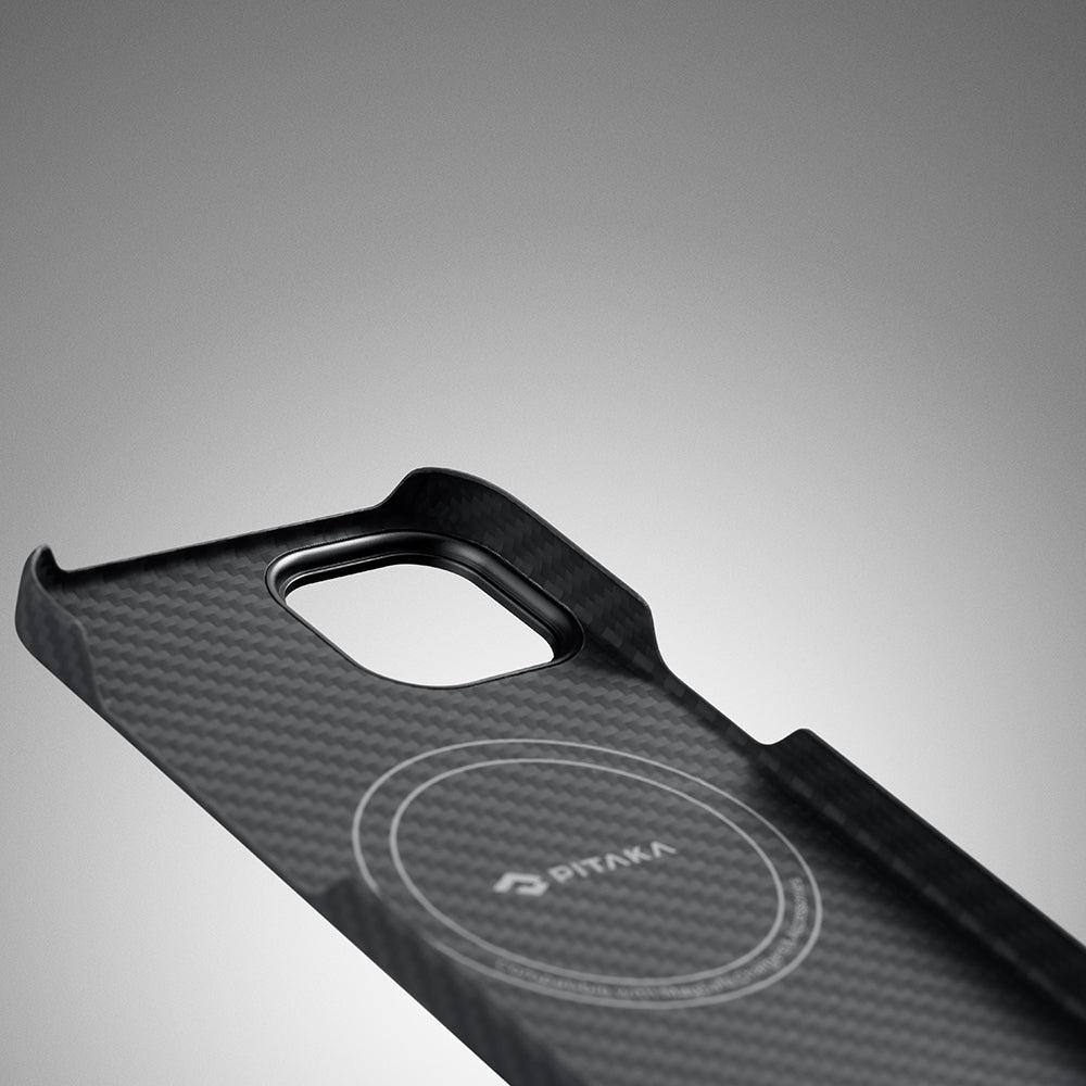 iPhone 14 Kılıf Magsafe Şarj Özellikli 1500D Aramid Fiber Pitaka Ultra-Slim Classic Serisi Black-Grey Twill Kılıf Siyah-Gri