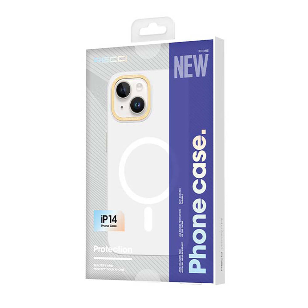 iPhone 14 Kılıf Magsafe Şarj Özellikli Metal Kamera Çerçeveli Recci Glaze Serisi Kılıf Beyaz