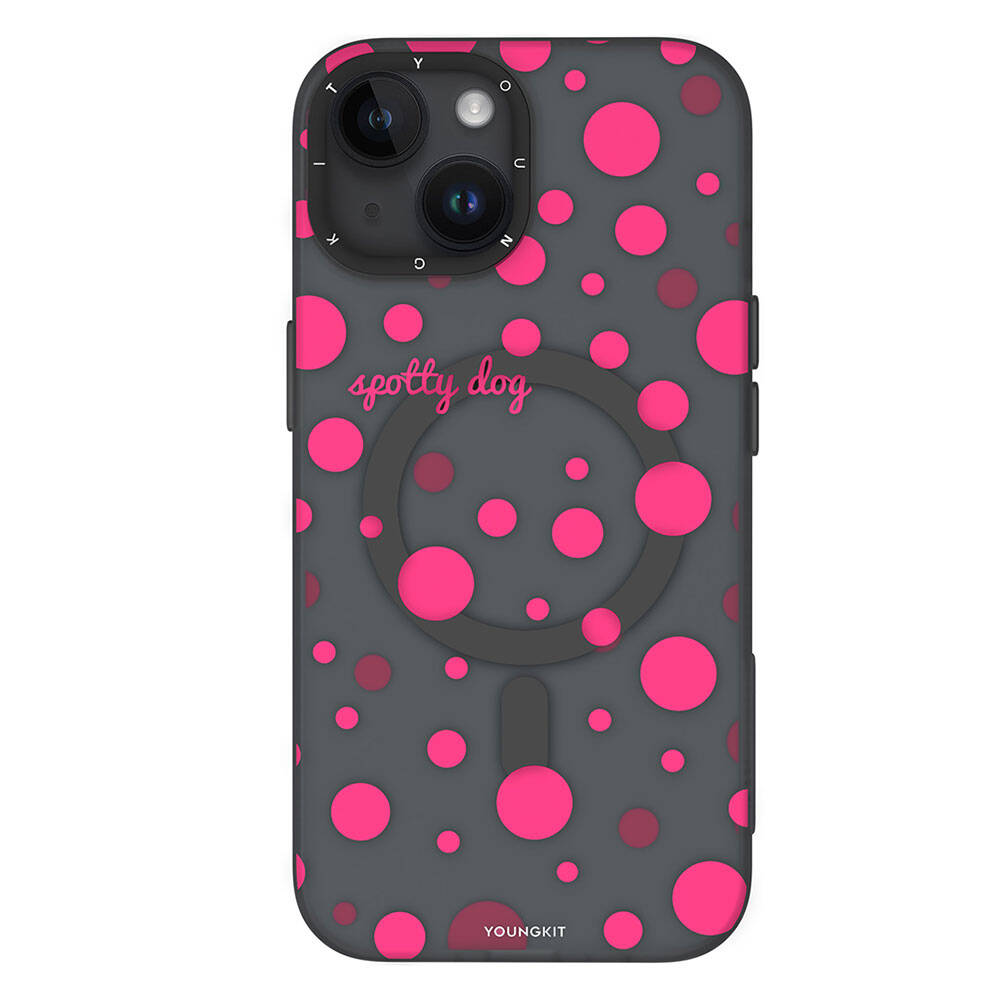 iPhone 14 Kılıf Magsafe Şarj Özellikli Polka Dot Desenli Youngkit Spots Serisi Kılıf Pembe