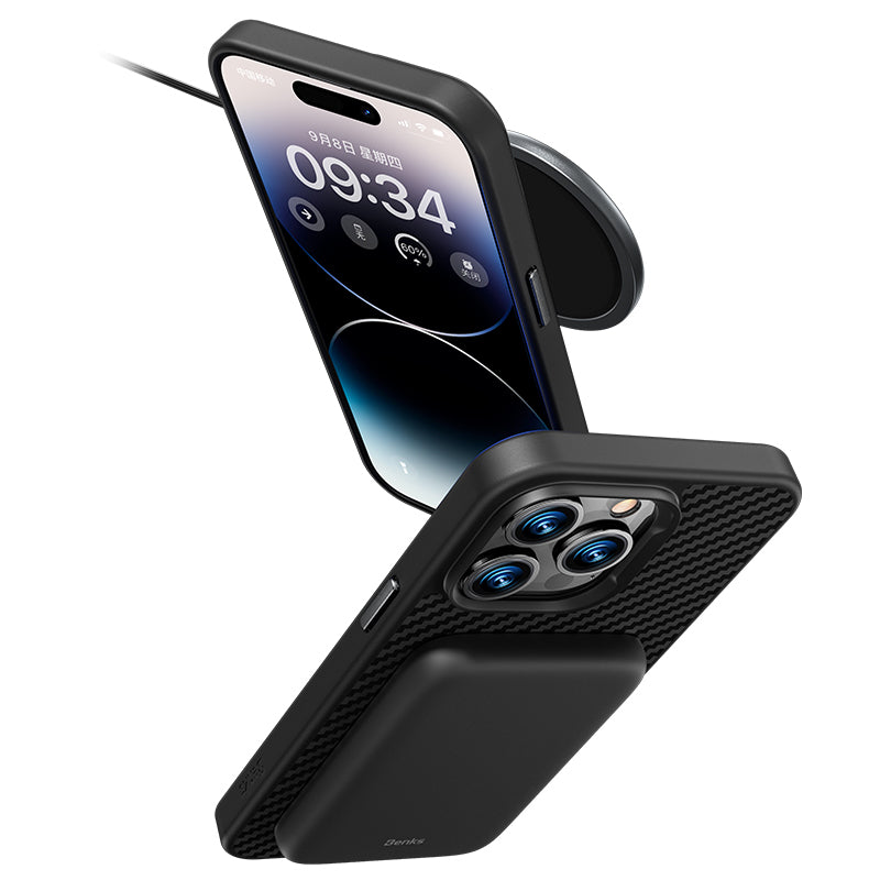 iPhone 14 Plus Kılıf Karbon Fiber Magsafe Şarj Özellikli Benks Hybrid ArmorPro 1500D Kevlar Kılıf Siyah