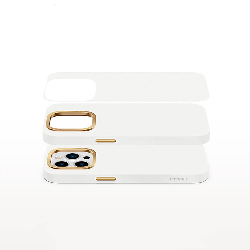 iPhone 14 Plus Kılıf Metal Kamera Çerçeveli Recci Glaze Serisi Kılıf Beyaz