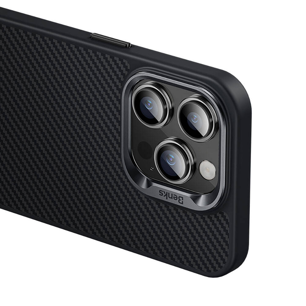 iPhone 14 Pro Kılıf Karbon Fiber Magsafe Şarj Özellikli Benks Hybrid ArmorPro 600D Kevlar Kılıf Siyah