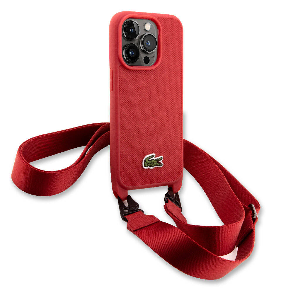 iPhone 14 Pro Kılıf Lacoste Orjinal Lisanslı PU Pike Desenli Arka Yüzey Askılı İkonik Timsah Dokuma Logolu Kılıf Siyah