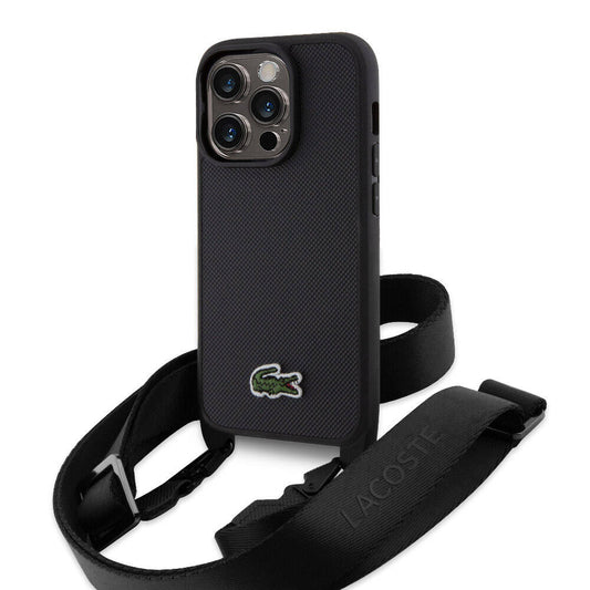 iPhone 14 Pro Kılıf Lacoste Orjinal Lisanslı PU Pike Desenli Arka Yüzey Askılı İkonik Timsah Dokuma Logolu Kılıf Siyah