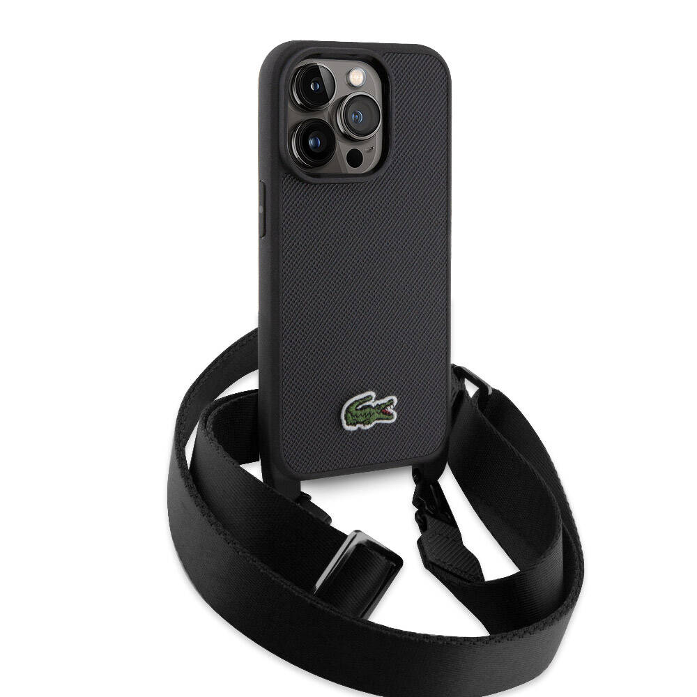 iPhone 14 Pro Kılıf Lacoste Orjinal Lisanslı PU Pike Desenli Arka Yüzey Askılı İkonik Timsah Dokuma Logolu Kılıf Lacivert