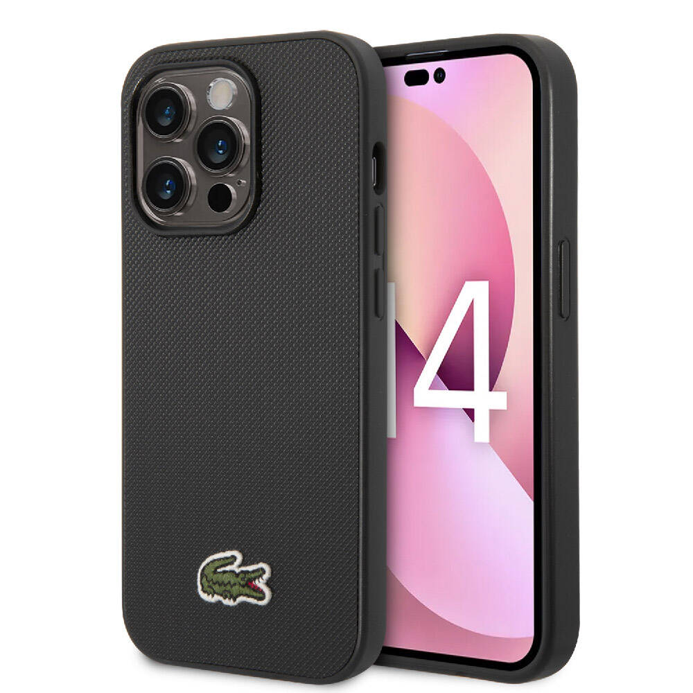 iPhone 14 Pro Kılıf Lacoste Orjinal Lisanslı PU Pike Desenli Arka Yüzey İkonik Timsah Dokuma Logolu Kılıf Siyah
