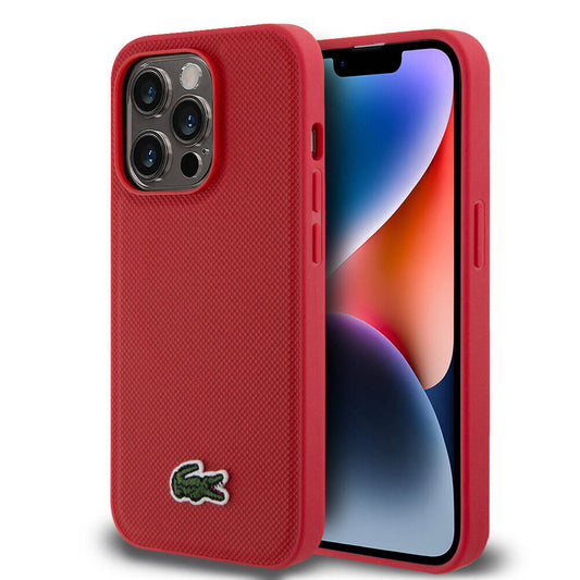 iPhone 14 Pro Kılıf Lacoste Orjinal Lisanslı PU Pike Desenli Arka Yüzey İkonik Timsah Dokuma Logolu Kılıf Kırmızı