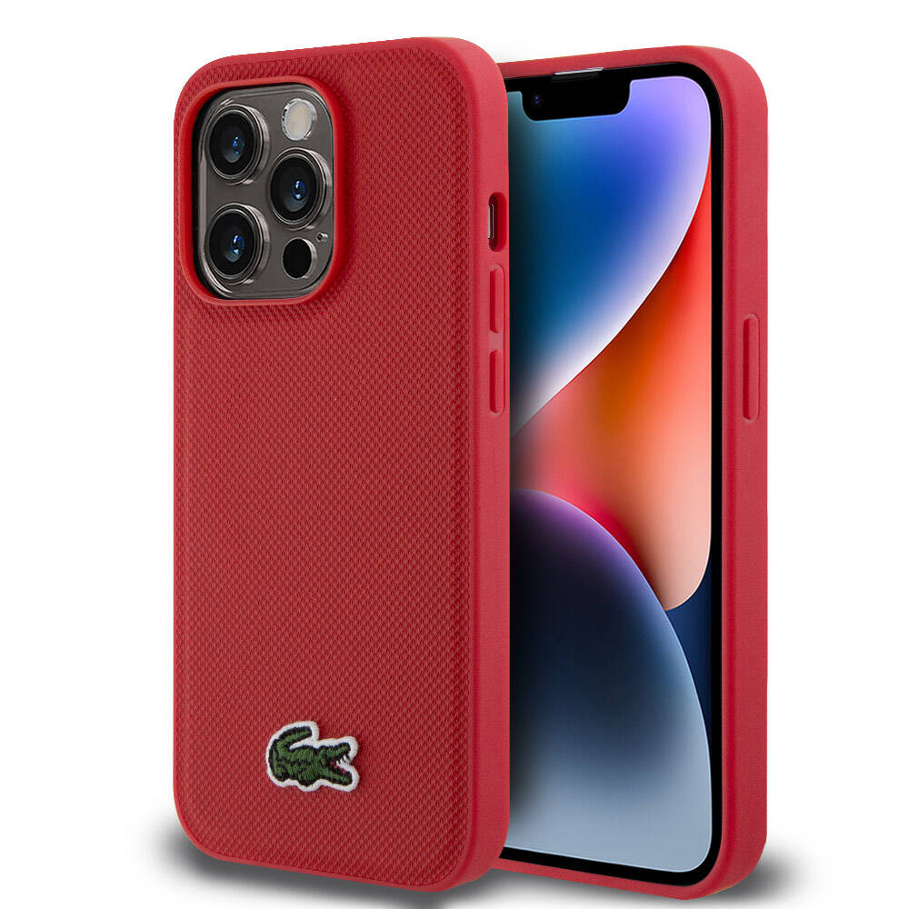 iPhone 14 Pro Kılıf Lacoste Orjinal Lisanslı PU Pike Desenli Arka Yüzey İkonik Timsah Dokuma Logolu Kılıf Kırmızı
