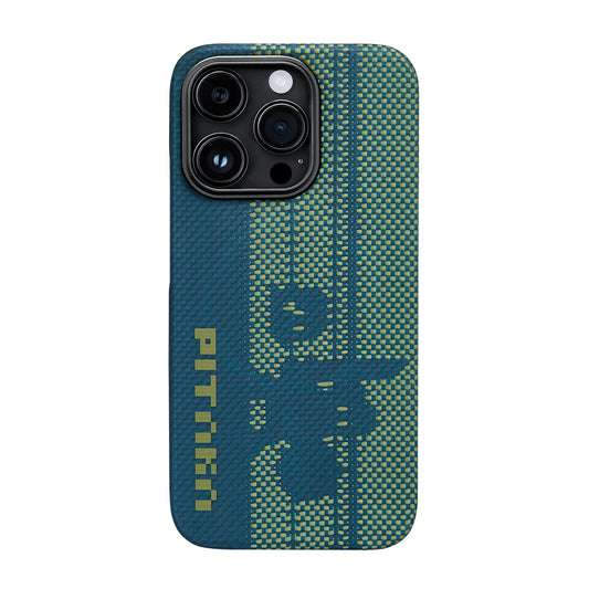 iPhone 14 Pro Kılıf MagSafe Şarj Özellikli Aramid Fiber Pitaka Tactile Woven Pixel Game Kılıf Yeşil-Mavi