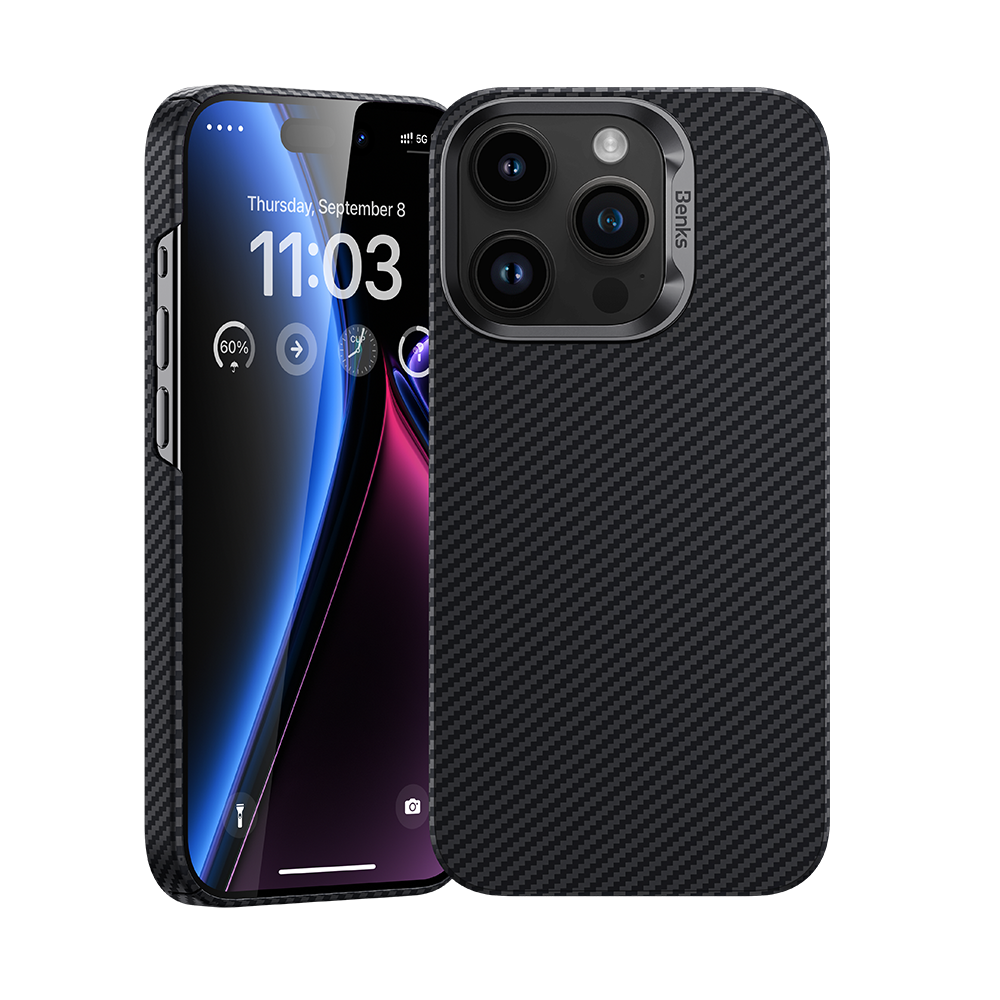 iPhone 14 Pro Kılıf Magsafe Şarj Özellikli Karbon Fiber Benks MFM Lisanslı 600D Essential Kevlar Kılıf Siyah