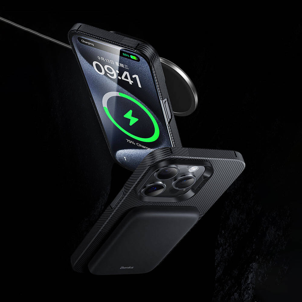 iPhone 14 Pro Kılıf Magsafe Şarj Özellikli Karbon Fiber Benks Montage ArmorAir Kevlar Kılıf Siyah