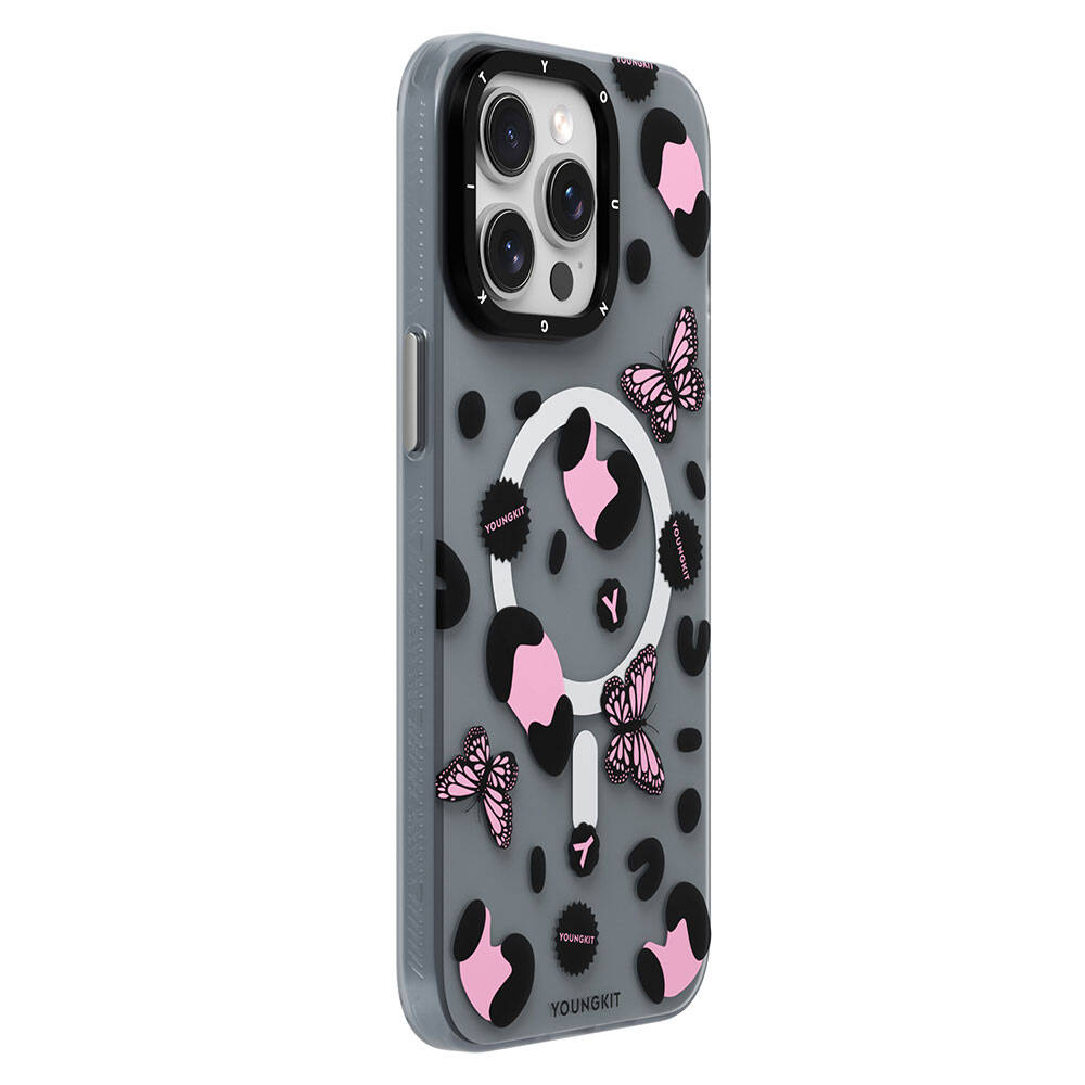 iPhone 14 Pro Kılıf Magsafe Şarj Özellikli Kelebek Desenli Youngkit Shadow Dance Serisi Kılıf Siyah
