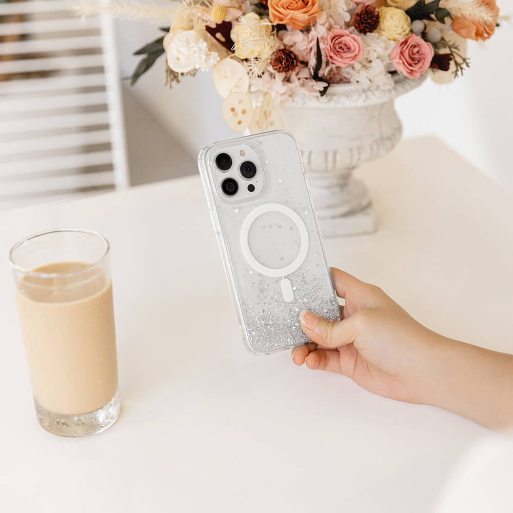 iPhone 14 Pro Kılıf Magsafe Şarj Özellikli Parlayan Simli Şeffaf Lisanslı Switcheasy Starfield-M Kılıf Mavi