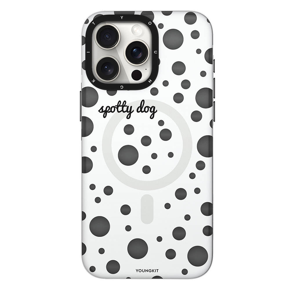 iPhone 14 Pro Kılıf Magsafe Şarj Özellikli Polka Dot Desenli Youngkit Spots Serisi Kılıf Beyaz