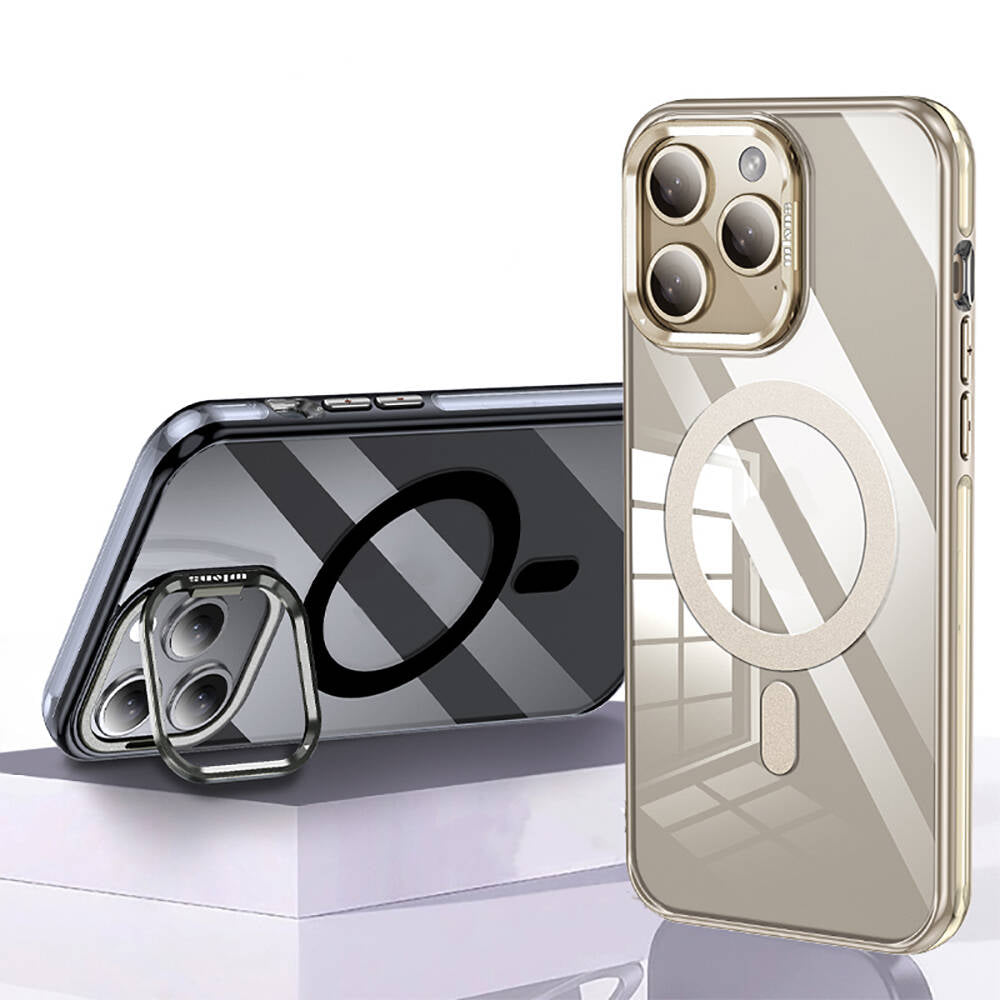 iPhone 14 Pro Kılıf Magsafe Şarj Özellikli Wlons Standlı Efsane Kılıf Gold