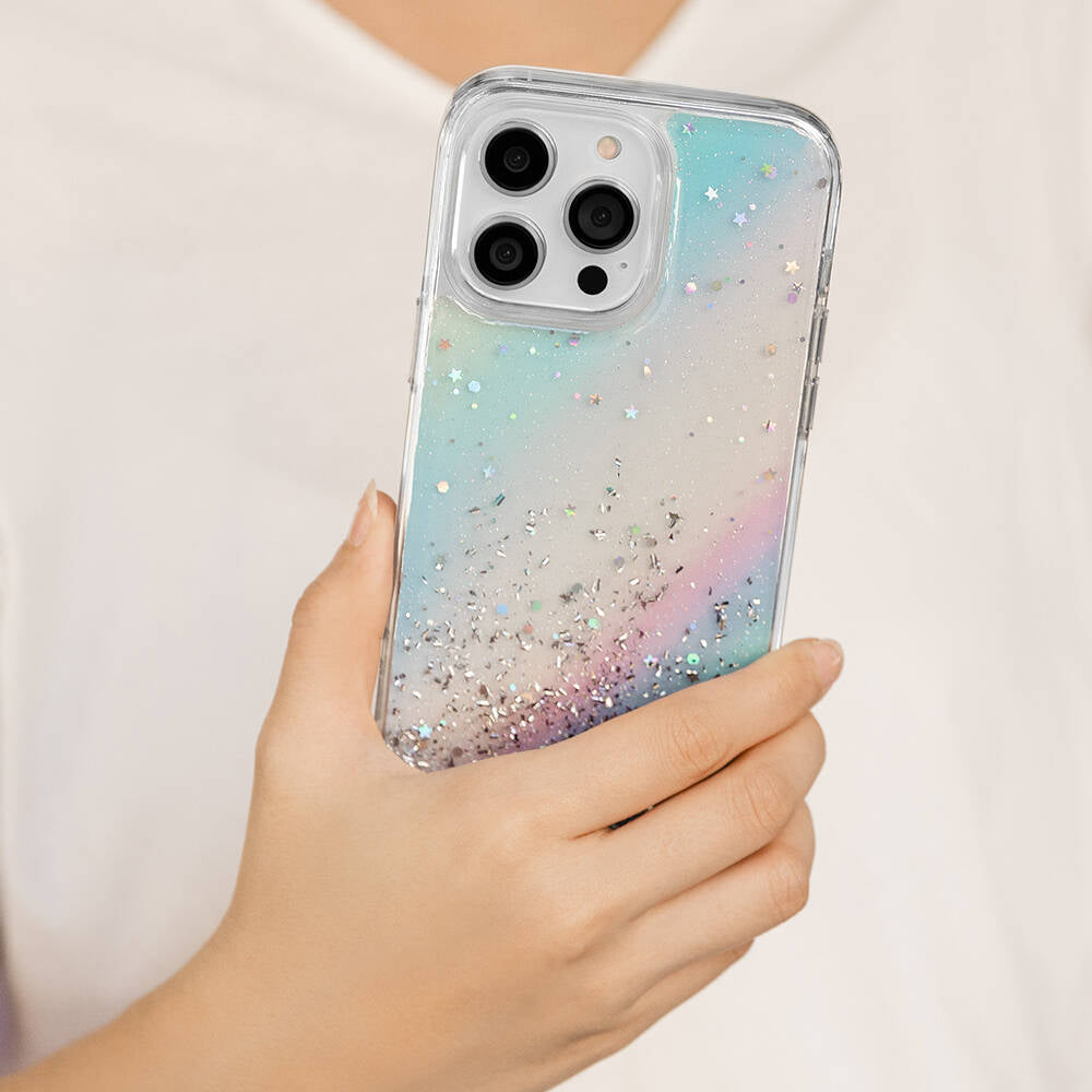 iPhone 14 Pro Kılıf Parlayan Simli Şeffaf Lisanslı Switcheasy Starfield Kılıf Mor