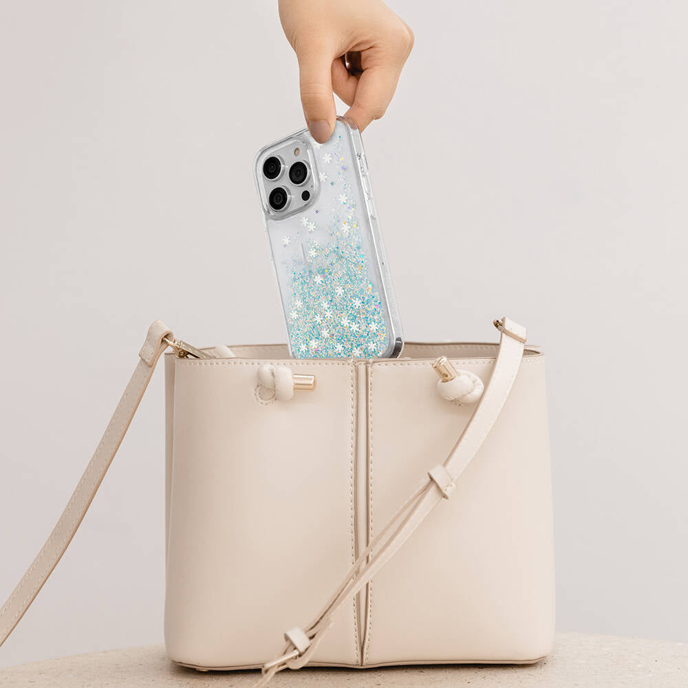 iPhone 14 Pro Kılıf Parlayan Simli Şeffaf Lisanslı Switcheasy Starfield Kılıf Mor