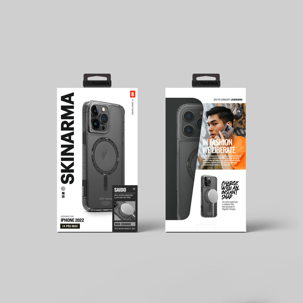 iPhone 14 Pro Kılıf SkinArma Şeffaf Airbag Tasarımlı Magsafe Şarj Özellikli Saido Kılıf Füme